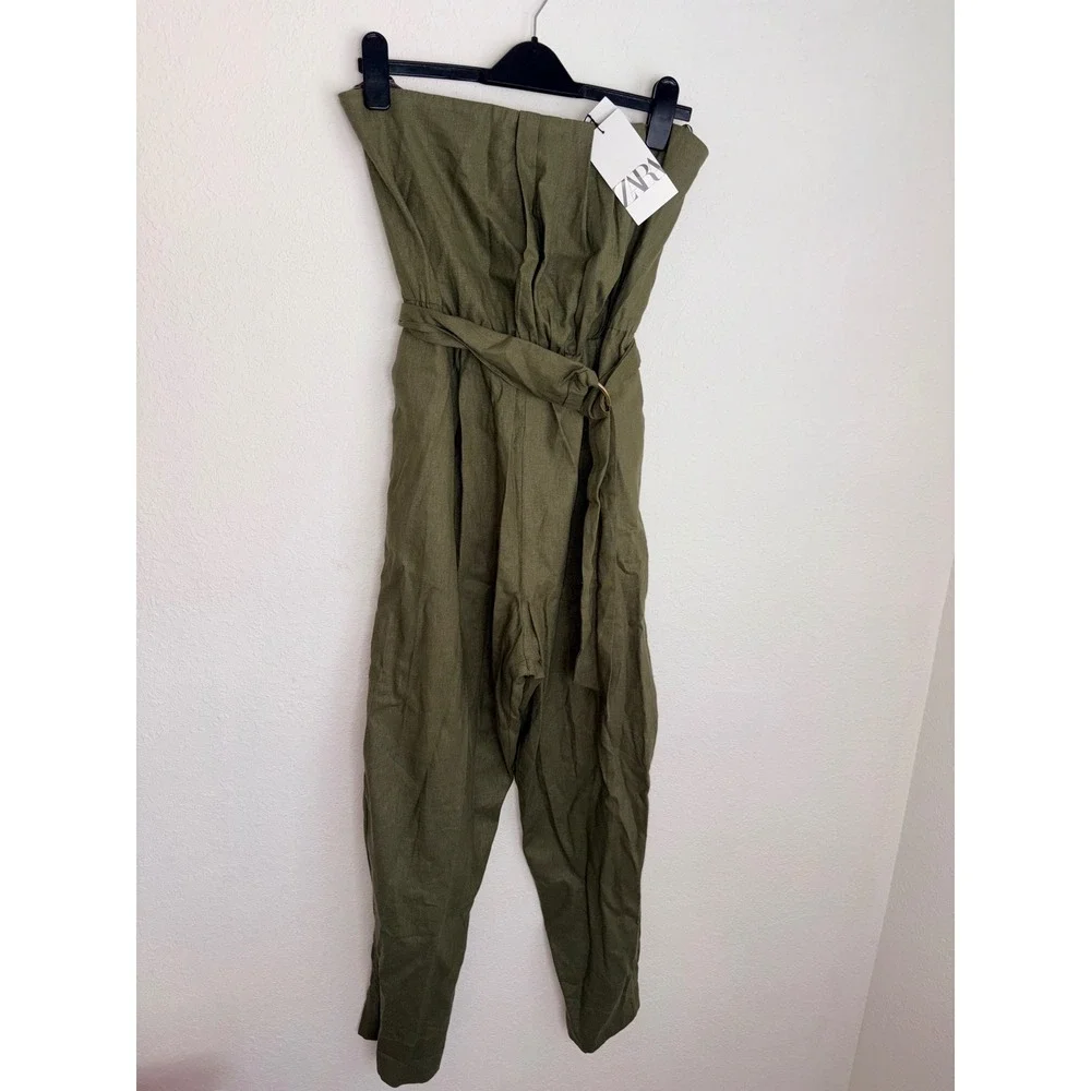 Zara Strapless bandeau Linen Blend Jumpsuit large Olive Green Belted pantsuit